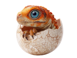 Colorful lizard hatching from egg with vibrant blue eye, cut out