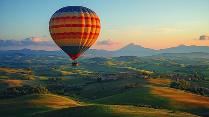 A vintage hot air balloon with colorful stripes ascends gently above a patchwork landscape of rolling hills and green fields on a peaceful, sunny morning
