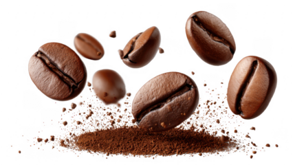 Roasted Coffee Beans Falling into Ground Coffee Splash High resolution image of aromatic coffee beans