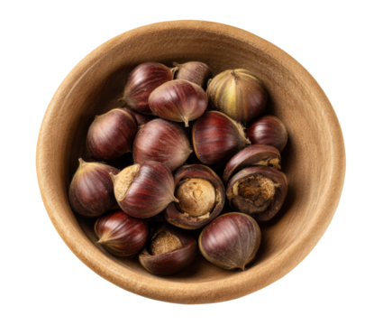 Fresh chestnuts in a wooden bowl for autumn recipes and snacks
