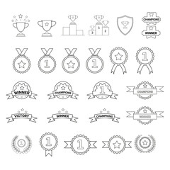 TROPHY ,victory,  achievement line icon set, laurel wreath, crown winner podium thin linear, first place medal , celebration, vector pictograms of trophy