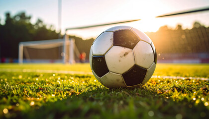close up view of worn soccer ball resting on lush green grass, illuminated by warm glow of setting sun, evokes sense of nostalgia and passion for game