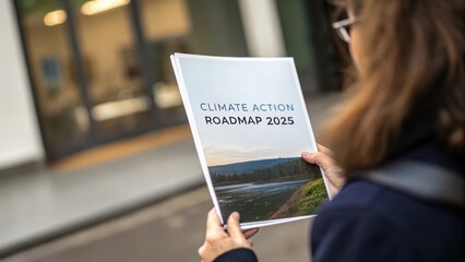 A person holds a document titled "Climate Action Roadmap 2025" showcasing environmental initiatives, Concept of Net Zero Climate Goal