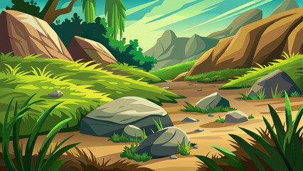 Grass and boulders Natural rocks on the ground