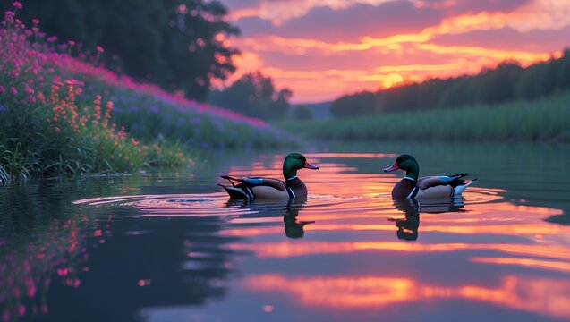 Ducks swimming on river at sunset with sky reflection on water - Powered by Adobe