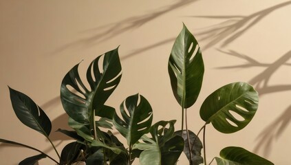 Minimalist plant leaves with natural shadows on beige background.