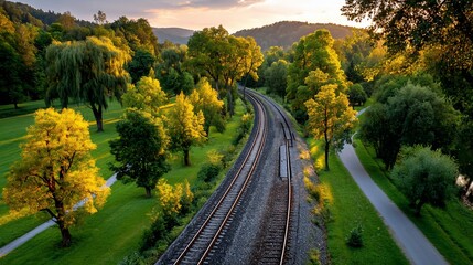 Railroad tracks curve through lush greenery under a golden sunset in the landscape