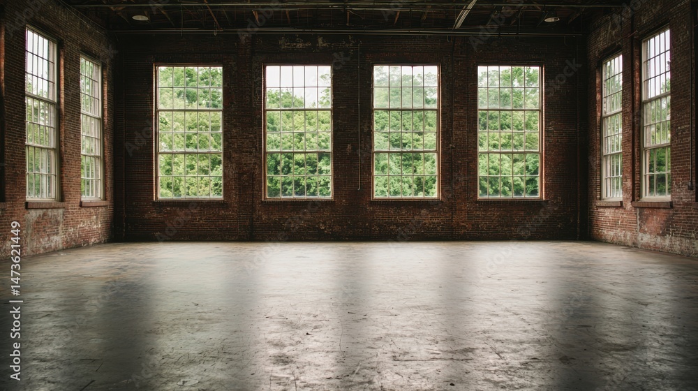 Aufkleber a large empty room with a high ceiling and large windows overlooking trees.