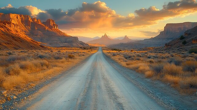 A winding dirt road stretches through a desolate, rocky desert landscape under a scorching midday sun, with distant mesas on the horizon