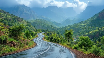 Fototapeta premium A winding mountain road snakes through a scenic landscape, offering breathtaking views at every turn and promising adventure for those who travel its path