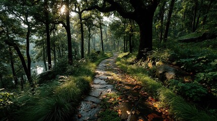 Fototapeta premium A winding path leading through a dense forest, dappled with sunlight filtering through the leaves, inviting exploration and discovery