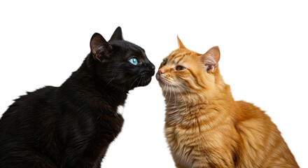 Two adorable cats sitting close together, their noses almost touching in a tender, affectionate moment as they lean in for a kiss. isolated on white transparent background PNG