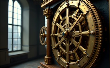 Obraz premium Intricate Golden Gears and Clockwork Mechanism in Dark Room with Window View. High quality