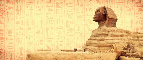 Horizontal travel banner with egyptian hieroglyphs and Great Sphinx. Background with paper texture...