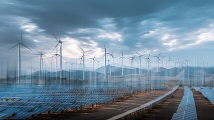 Renewable Energy: A Sustainable Future.  Windmills and Solar Panels in Harmony, Powering Tomorrow's World