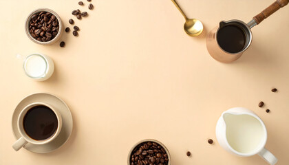 Obraz premium cozy coffee setup featuring various elements like coffee beans, brewed coffee, milk, and traditional coffee pot. This arrangement creates inviting atmosphere for coffee lovers