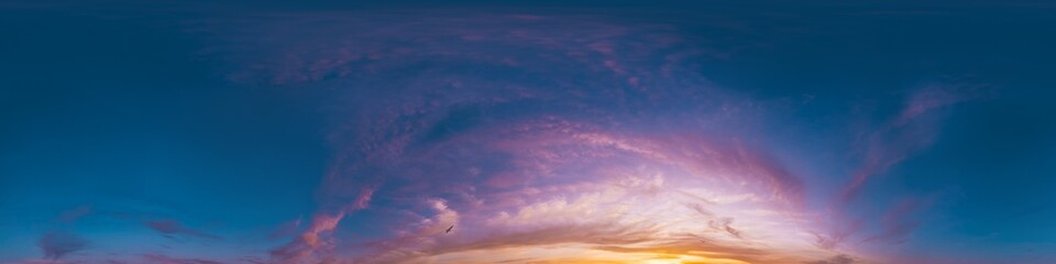 Fototapeta premium Seamless 360 HDR spherical panorama of sunset sky with vibrant pink Cirrus clouds. Full zenith or sky dome in 3D, sky replacement for aerial drone panoramas. Climate and weather change.