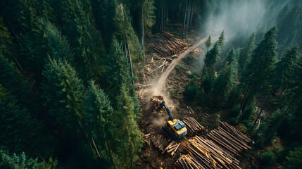 Logging operation in dense forest with heavy machinery harvesting timber, chainsaws felling trees and clearing woodland
