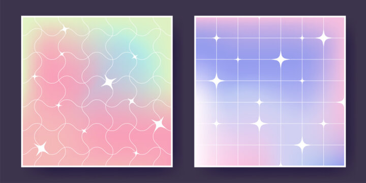 Y2k star patterns - pastel gradient backgrounds with sparkling white twinkles, trendy early 2000s aesthetic. Colorful grids transition. Magical girly graphics for nostalgic retro design projects.