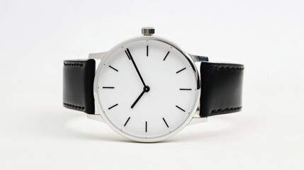 A black leather watch with a white face and silver hands.