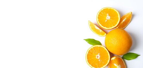Fresh orange citrus fruit with leaves on white background, top view 