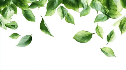 Obraz premium Fresh green leaves falling against a white background