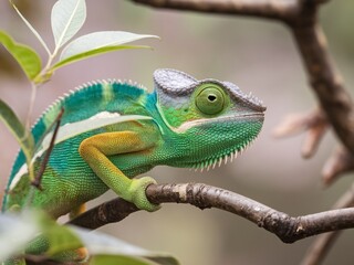 Colorful chameleon perched on a branch, blending with its vibrant surroundings in lush greenery.