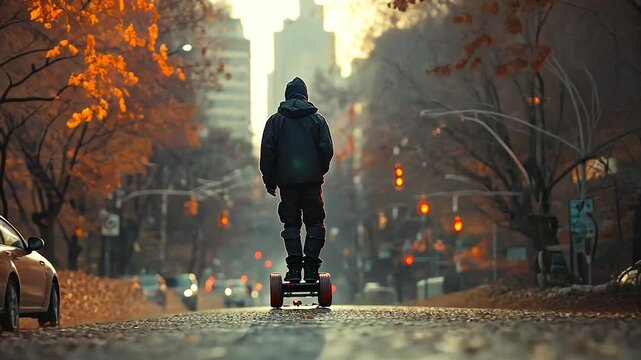 Person riding hoverboard on city street in autumn