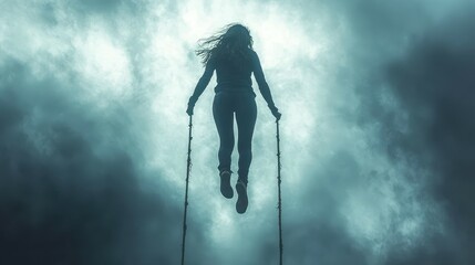 Obraz premium A silhouette of a female figure swinging against a dramatic cloudy sky.