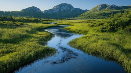 A winding river flows through a lush valley, green hills rise on either side, the water reflects the clear blue sky, a scene of idyllic natural beauty