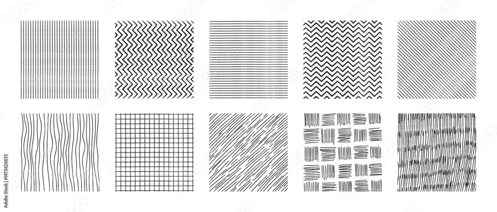 Poster crosshatch patterns collection - vertical, horizontal lines, zigzag and grid, waves and grass ink ha