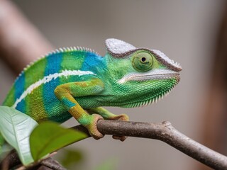 Obraz premium Close-up of a vibrant green chameleon perched on a branch, showcasing its stunning colors and textures.