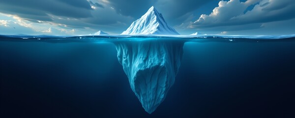 the image showcases an iceberg, split at the waterline to reveal its enormous submerged portion
