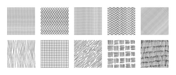 Crosshatch patterns collection - vertical, horizontal lines, zigzag and grid, waves and grass ink hatching. Shading textures set. Monochrome graphic design elements and decorative backgrounds.