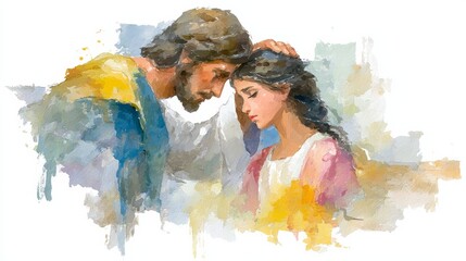 A Beautiful Watercolor Painting Depicting a Couple on Their Artistic Journey Through History and Significant Events in Life's Meaning