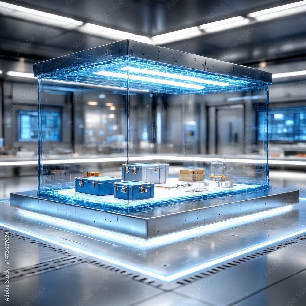 Aufkleber a photorealistic scene inside a clean, high-tech workshop. at the center stands a large transparent 
