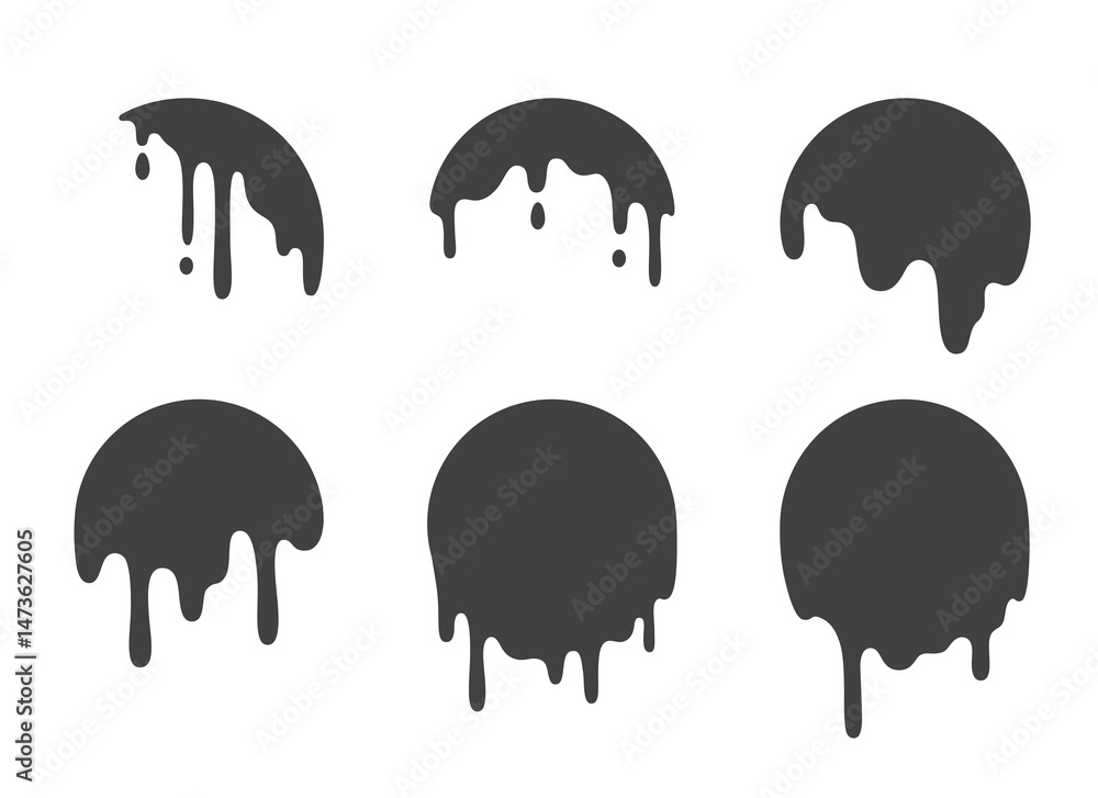 Aufkleber set of black paint drip and liquid drop shapes. abstract blob and splatter silhouettes. melting flow