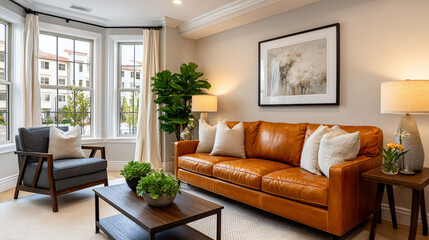 Fototapeta premium Sunny living space features a leather sofa, bay window and neutral decor
