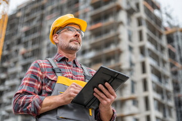 Portrait of mature foreman holding digital tablet while standing at construction site