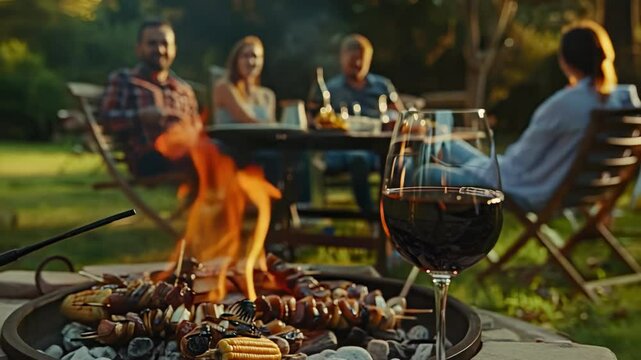 wine glasses, nature, rest, barbecue. Selective focus