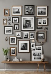Fototapeta premium Stylish photo frame gallery wall; varied shapes and sizes, insta-worthy, wall arrangement, bedroom