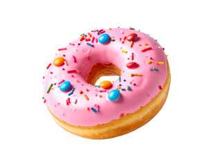One delicious donut with pink strawberry glaze and colorful candy toppings, floating in the air, PNG