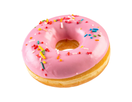 One delicious donut with pink strawberry glaze and colorful candy toppings, floating in the air, PNG