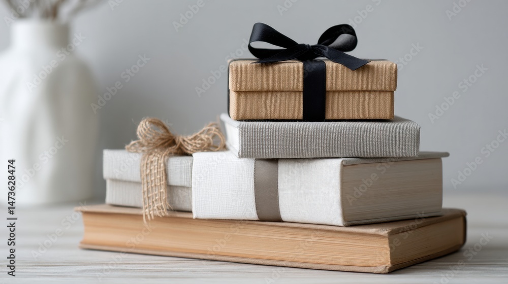 Aufkleber Gift Box Atop a Stack of Books on a Clear Table Corner Enhancing a Cozy Reading Atmosphere