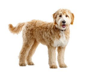 Fluffy golden dog standing happily in a playful pose on a transparent background, cut out