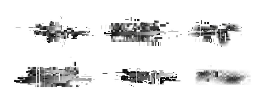 Pixel glitch distortion textures - black and white grainy noise and random squares. Horizontal scanlines and digital artifacts. Retro futuristic elements set for overlay design in cyberpunk style.