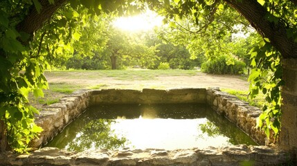 A tranquil pond nestled within a stone wall, surrounded by lush greenery and bathed in warm sunlight.