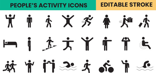 people's activity icon set, swimming, walking, running, customizable stroke, vector, illustration
