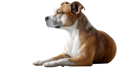 A calm dog rests peacefully with a serene expression, showcasing its playful nature. Ideal for pet-related themes.