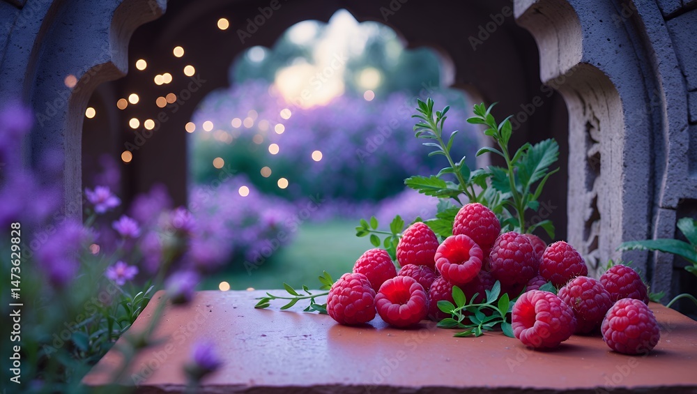 Poster raspberries on stone ledge overlooking lavender field with string lights